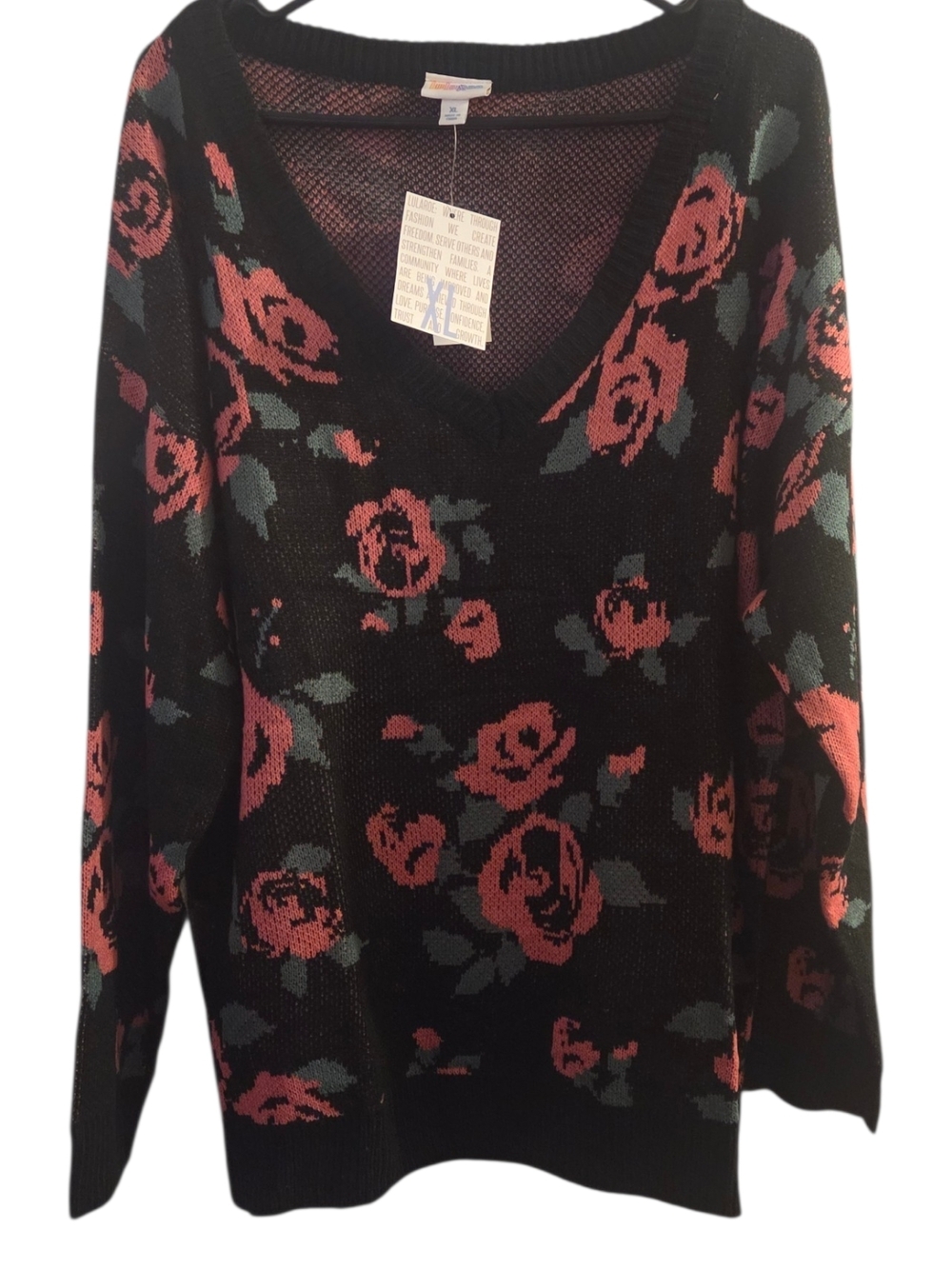 LuLaRoe Black V-Neck Sweater with Pink Rose Print